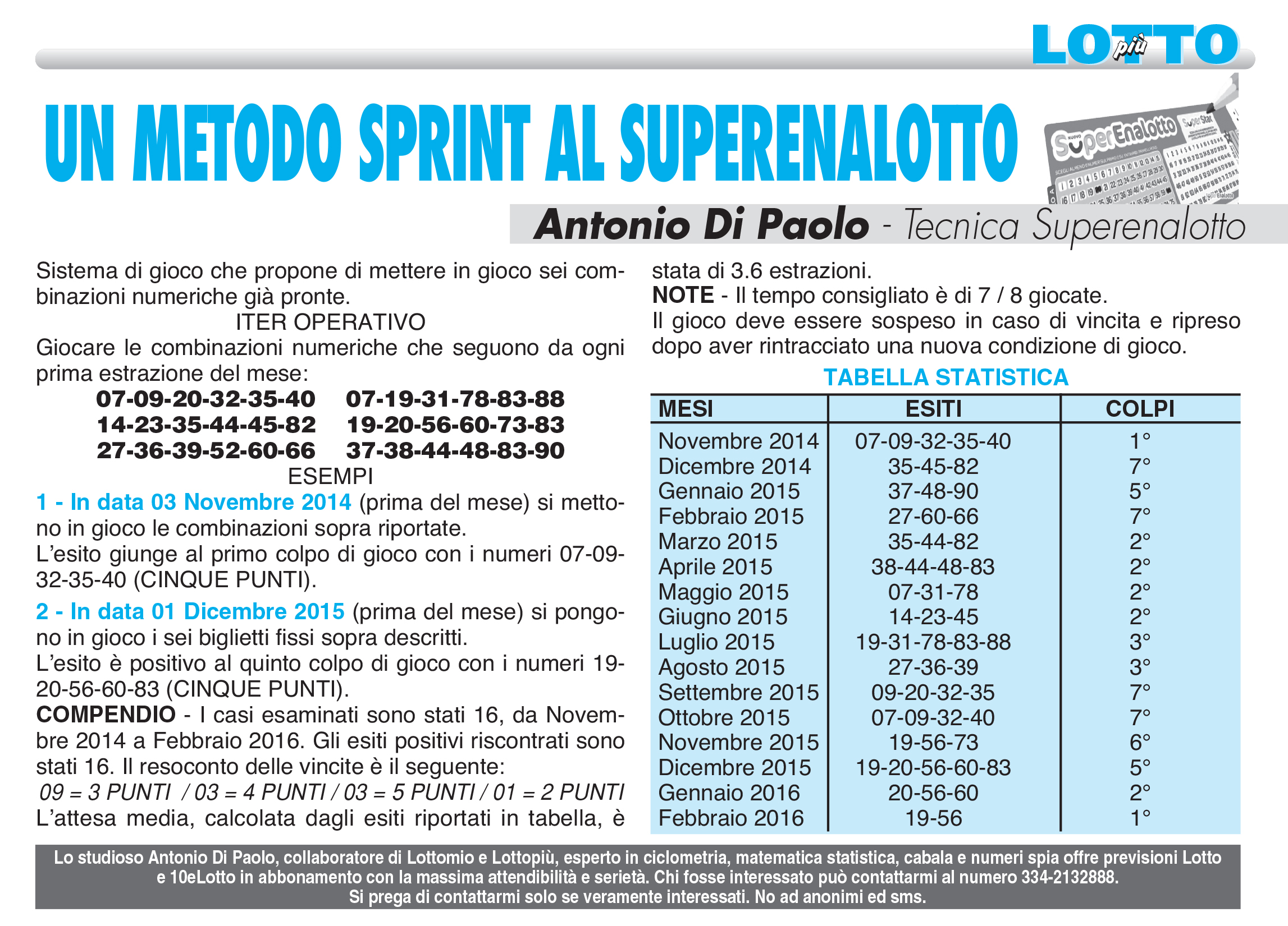 In Omaggio La Tecnica Superenalotto Che Sfida I 163 Milioni Di Euro Di Antonio Di Paolo Da Lottopiu Aprile 2016