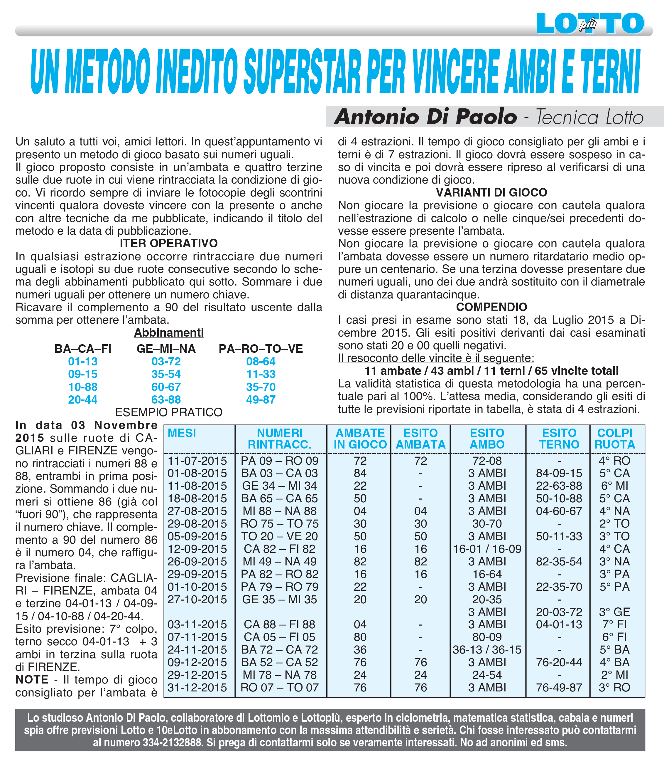 La Nuova Tecnica Omaggio Un Metodo Inedito Superstar Per Vincere Ambi E Terni Di Antonio Di Paolo Lottopiu Marzo 16